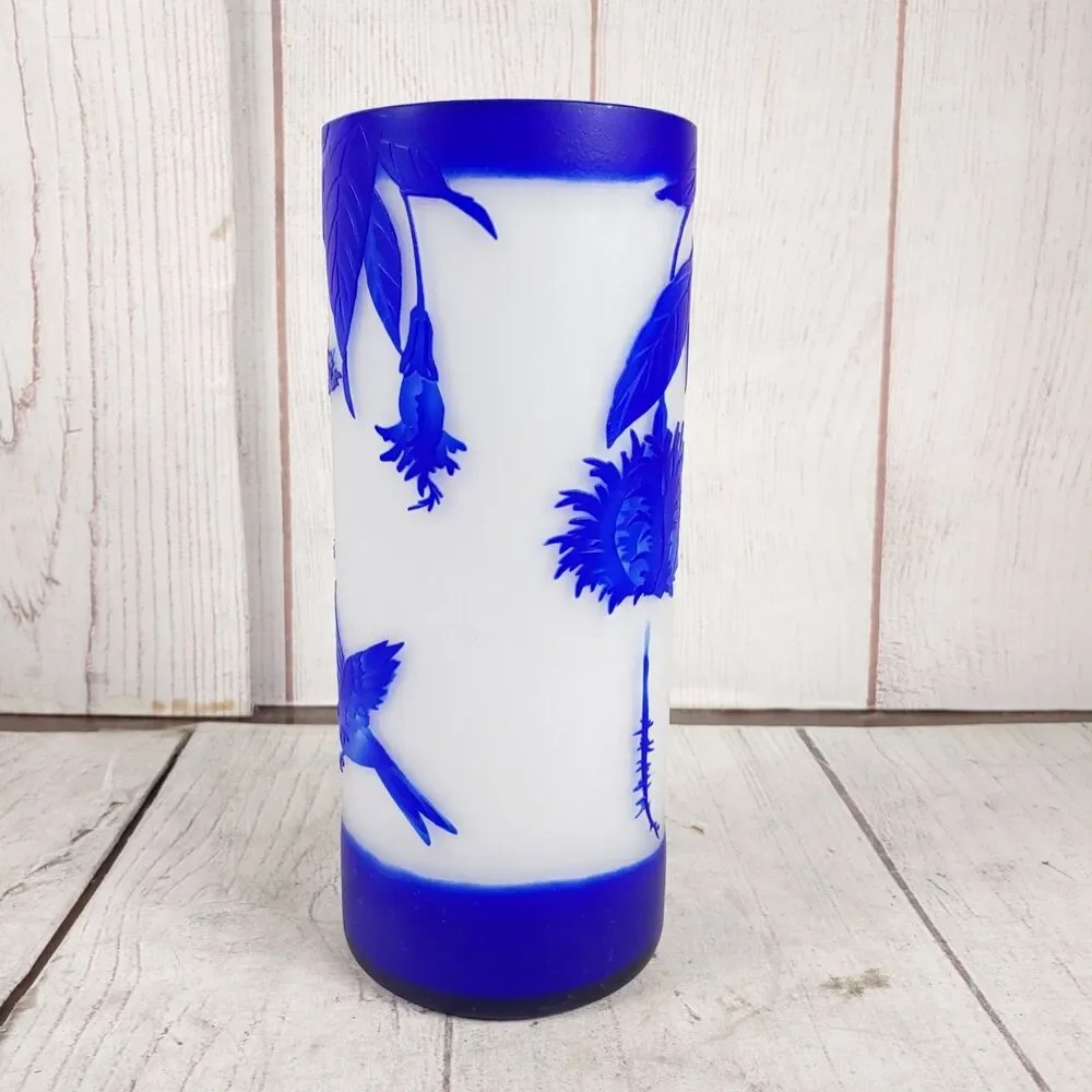Vintage Emile Galle Cameo Glass Vase Signed REPRODUCTION Blue White Bird Flowers